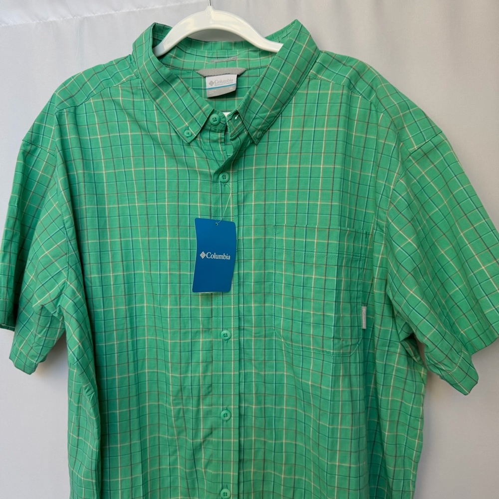 NWT Columbia Men's Green Plaid Button-Down Regular Fit Shirt, XL